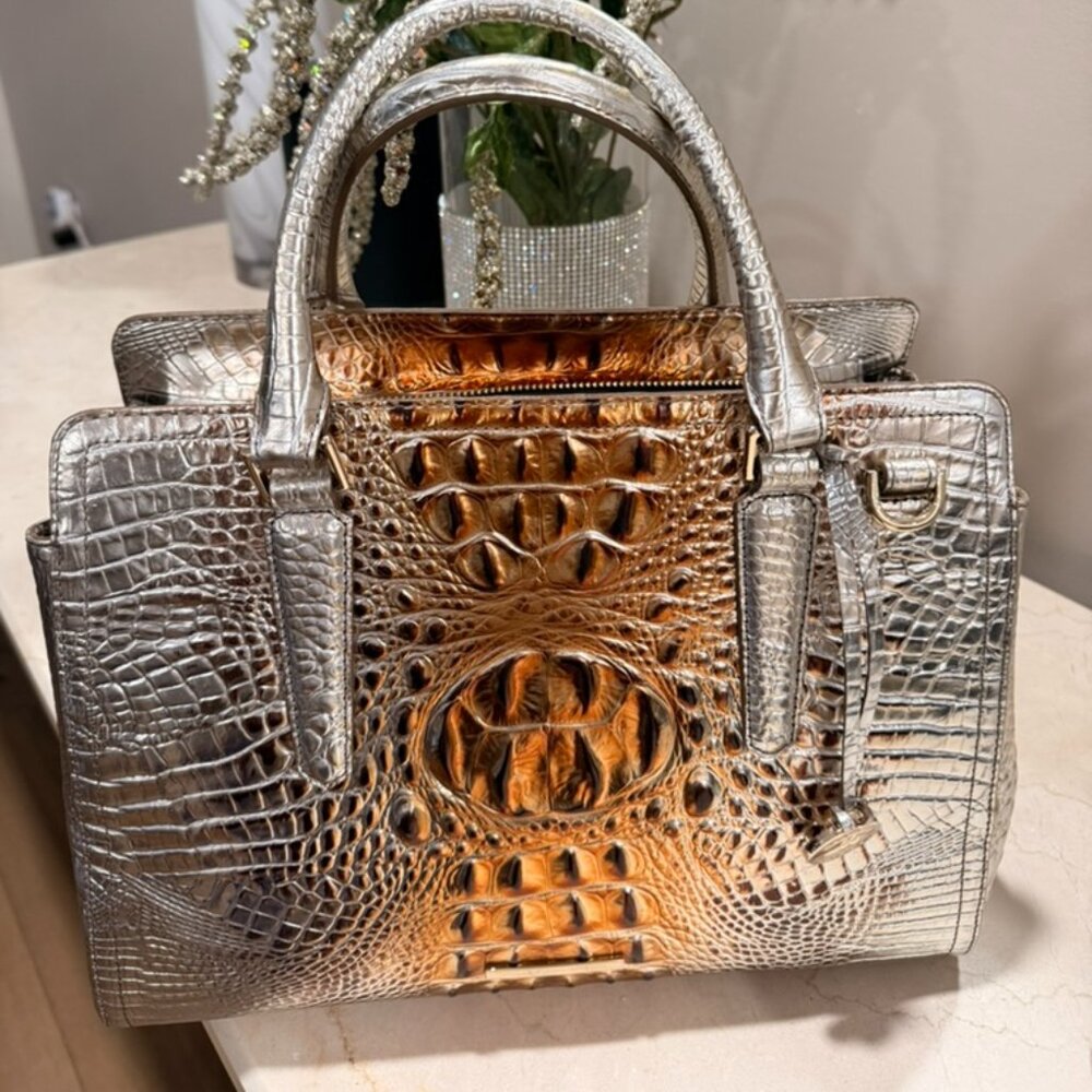 Brahmin Metallic Croc-Embossed Satchel in Silver and Bronze